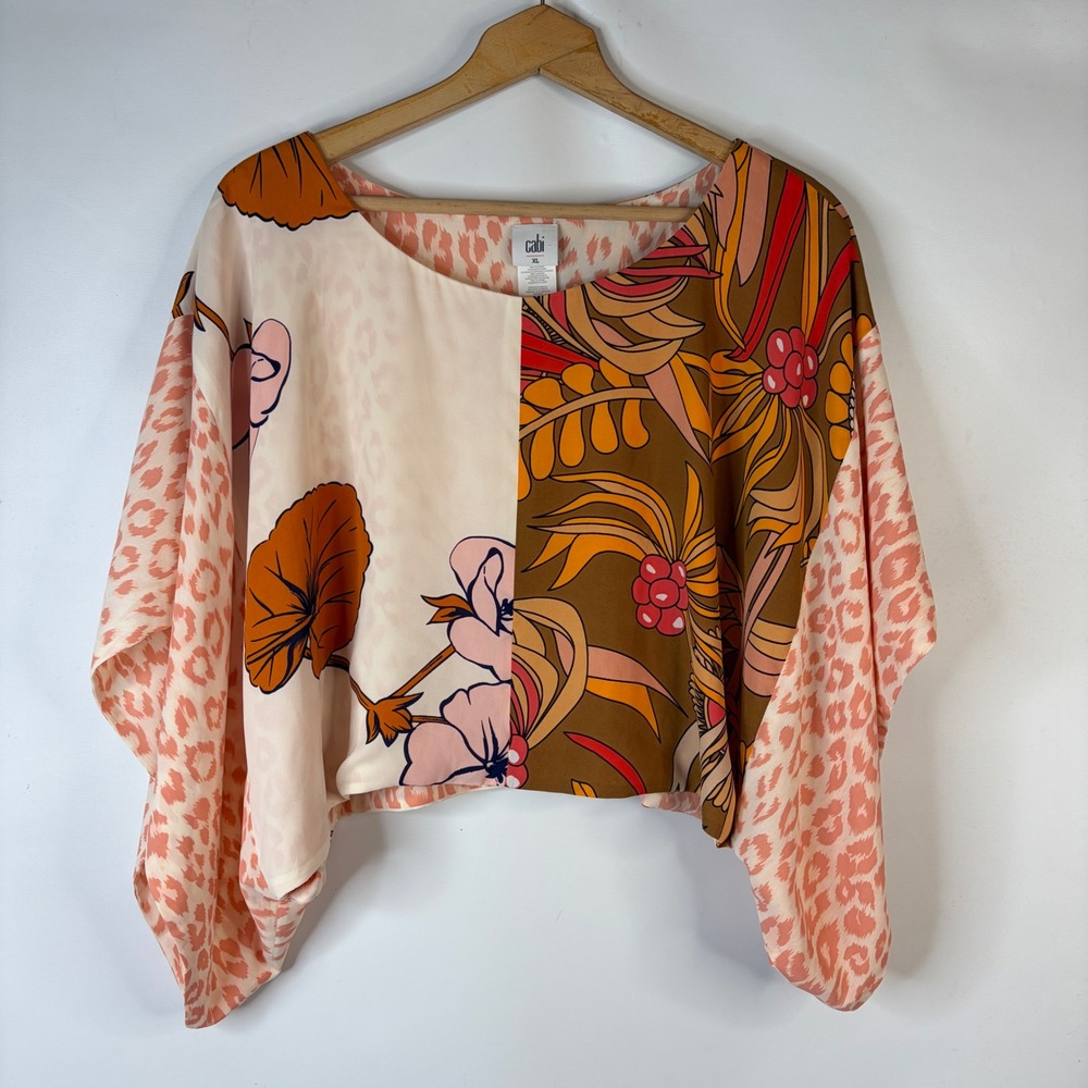 Cabi Cropped Blouse Women XL Peach Brown Floral Leopard Print Mixed Media
